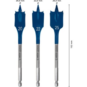 Bosch Expert Self Cut Speed Flachfräsbohrer Set, 3-teilig, blau-silber, Größen 20, 22, 25 mm.