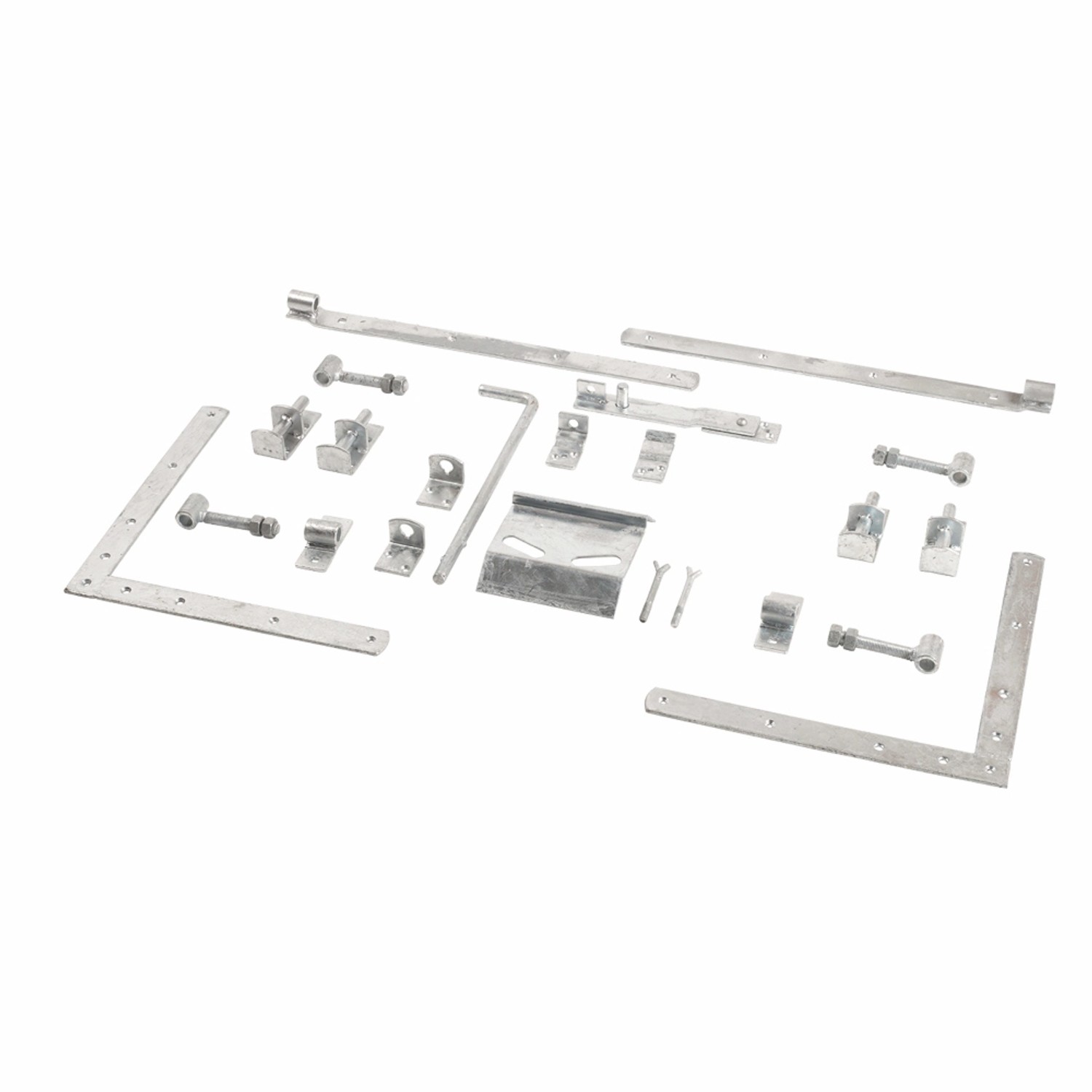 Beschläge-Set für Doppeltor Tokyo Nadelholz, inklusive Winkel, Riegel und Schrauben.