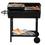 Schwarzes Tepro Grillfass Detroit Holzkohlegrill mit Grillgut und Ablage.