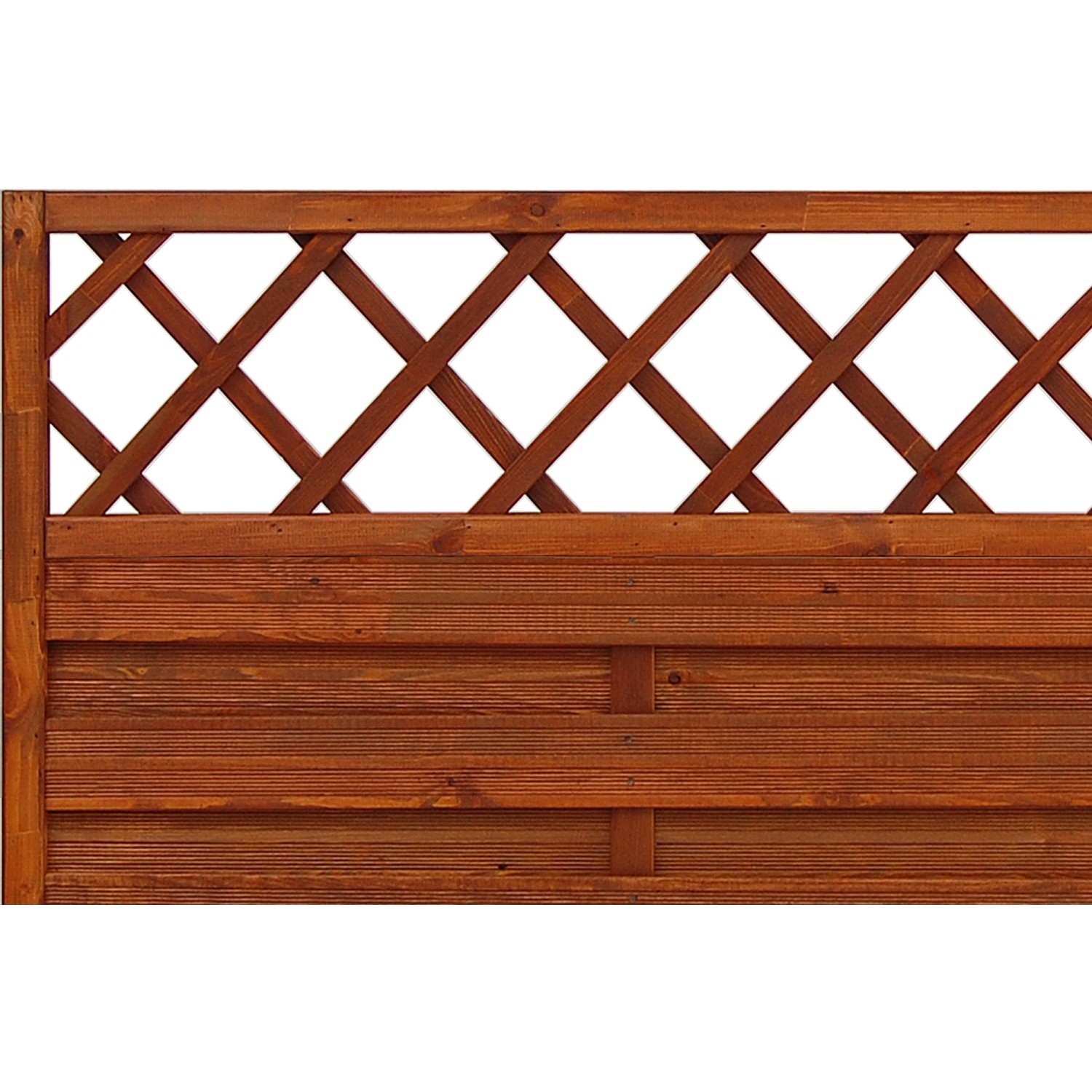 Sichtschutzzaun Country, teakfarben lasiert, 120x180 cm, mit Lattenzaun-Element oben.