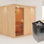 Karibu Sauna Rikka mit Ofen und LED-Dachkranz aus naturbelassener Fichte.