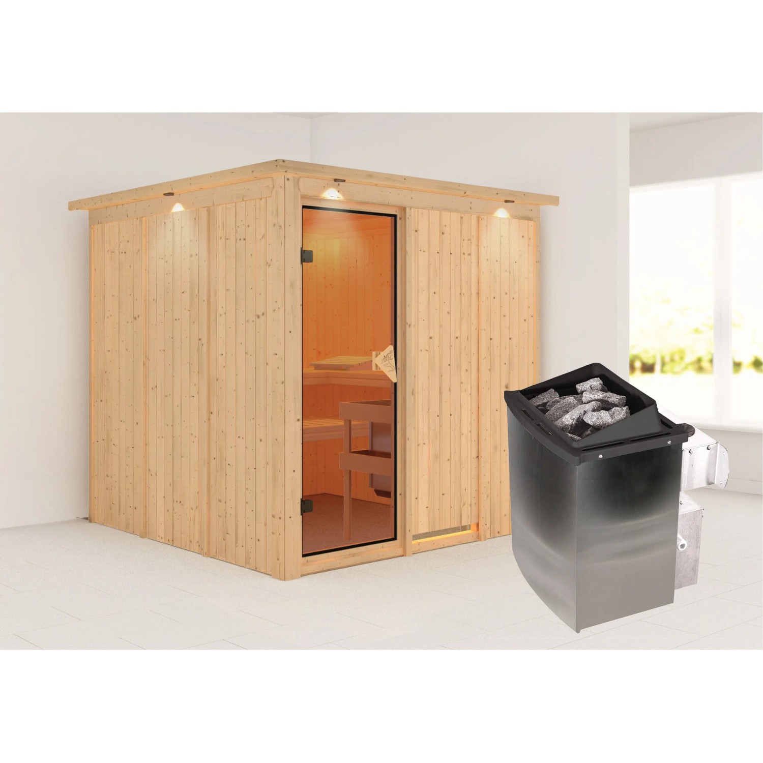 Karibu Sauna Rikka mit Ofen und LED-Dachkranz aus naturbelassener Fichte.