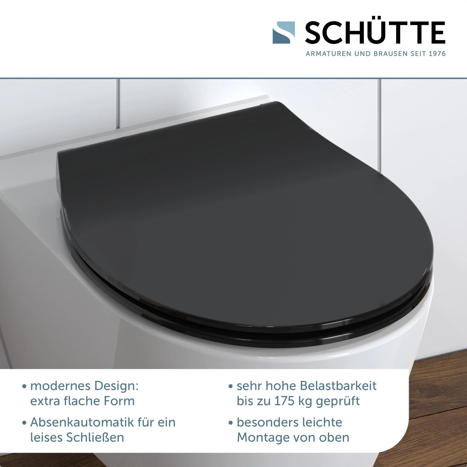 Schwarzer Schütte WC-Sitz Duroplast Slim mit Absenkautomatik und Schnellverschluss auf WC-Becken.