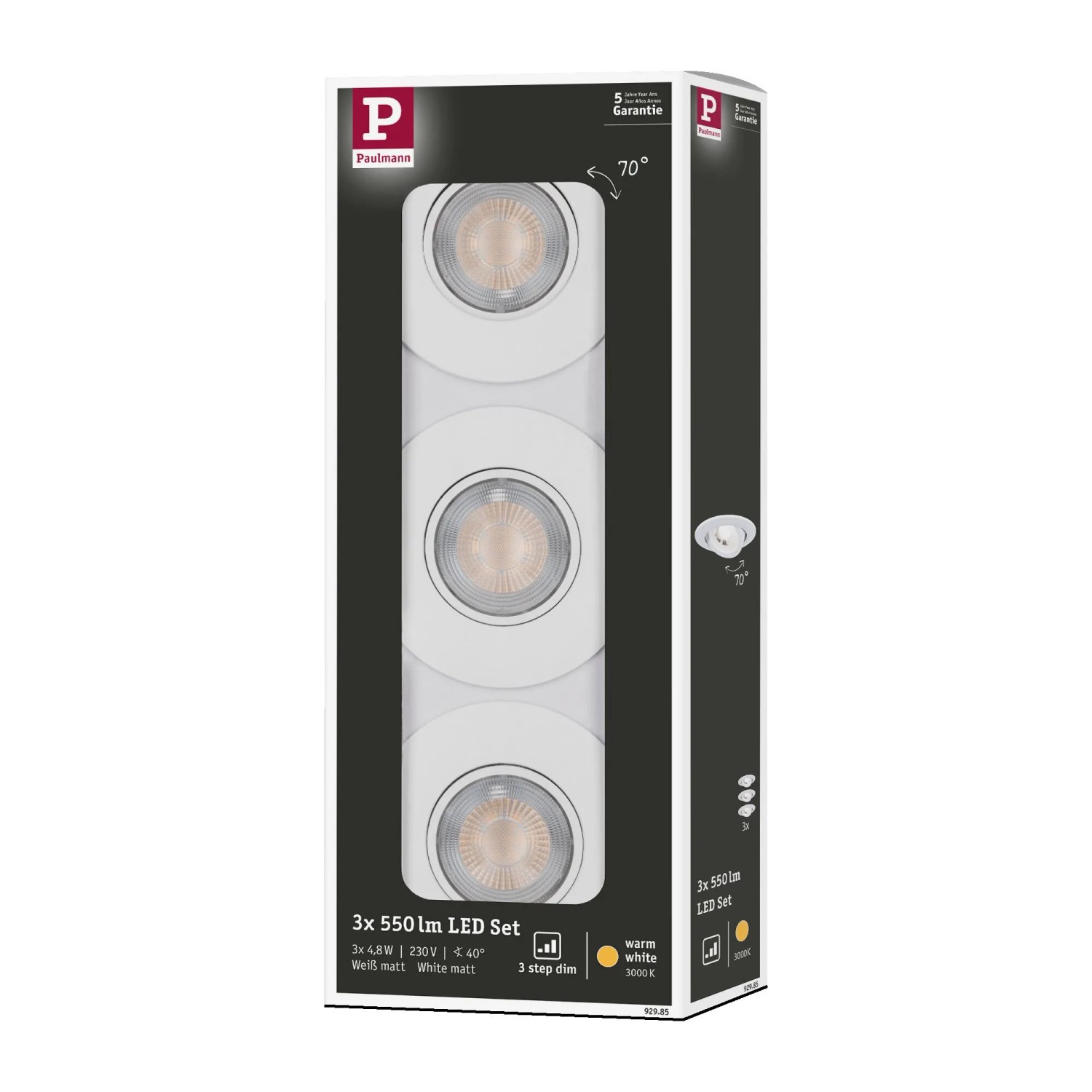 Verpackung des weißen Einbauleuchten-Sets mit 3 schwenkbaren LED-Spots, 3-Stufen-Dimmung, warmweiß.