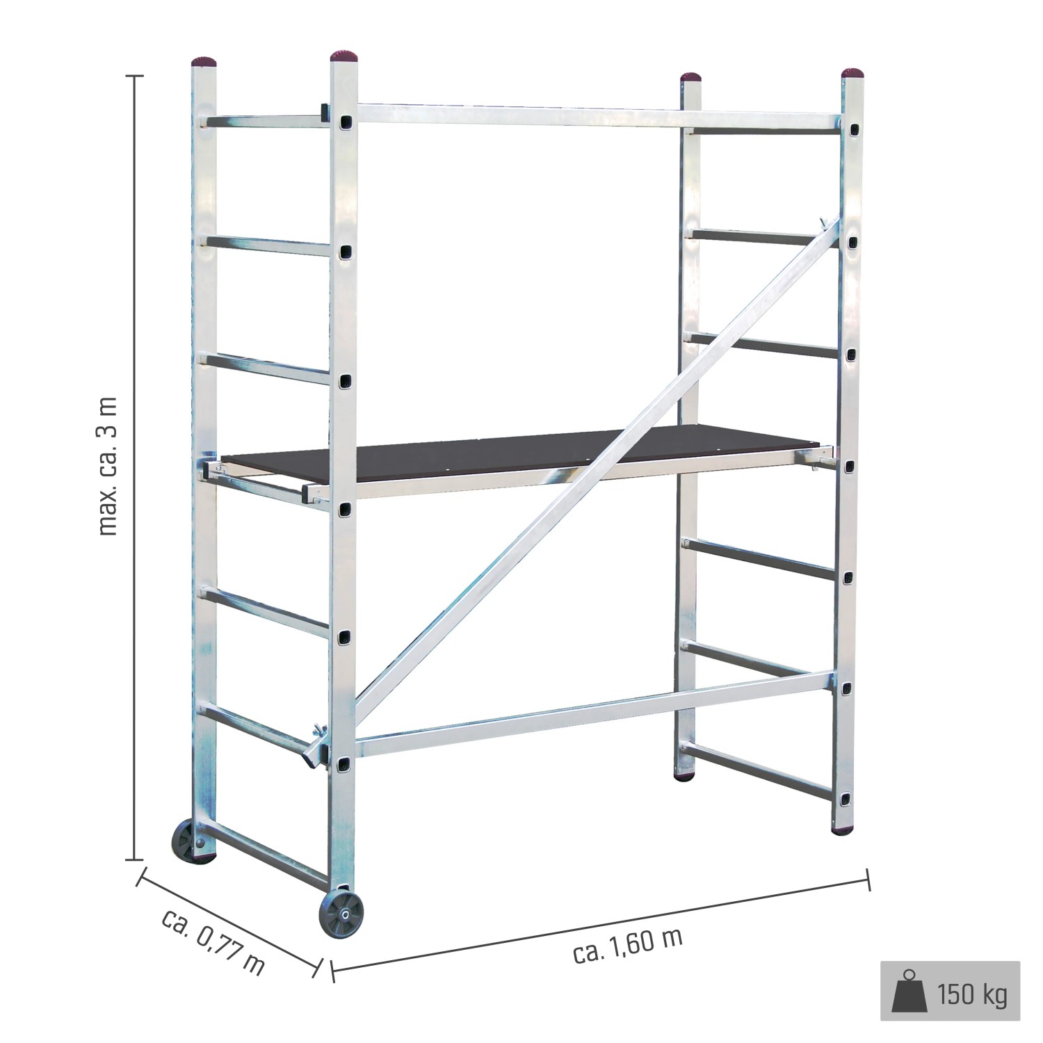 Krause Kleingerüst Corda 3 m mit Rollen, Aluminium, max. 150 kg belastbar.