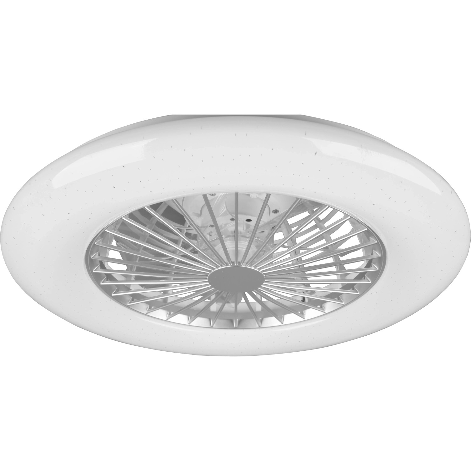 Weiße Reality LED-Deckenleuchte Stralsund mit integriertem Ventilator in Titanoptik.