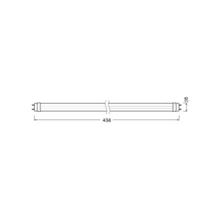Technische Zeichnung der OSRAM LED Röhre T8 G13, warmweiß 3000 K, mit Maßen 438x26 mm.