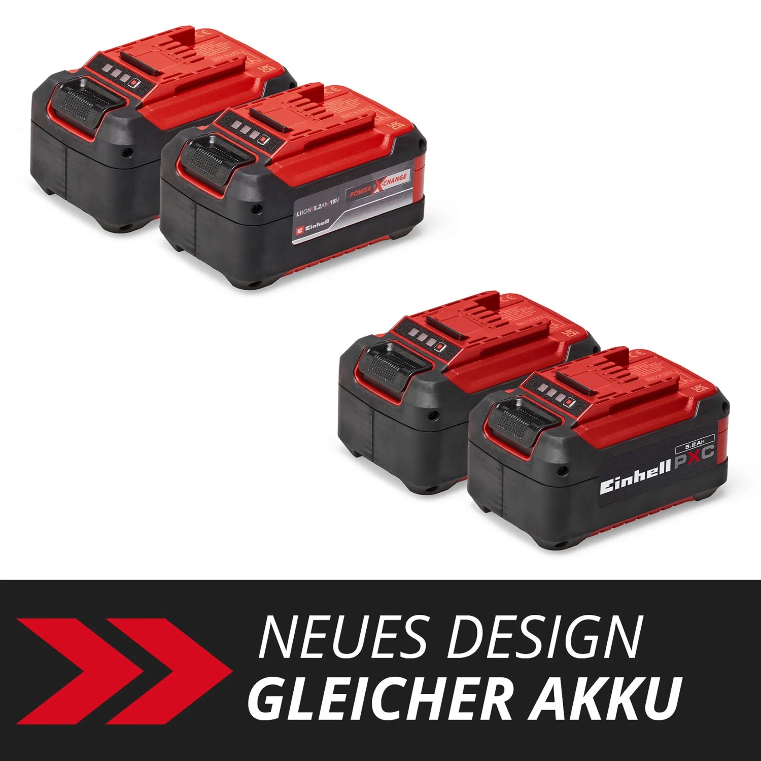 Einhell Akku 18V 5,2Ah PXC Doppelpack: Zwei rote und schwarze Akkus für Elektrowerkzeuge.