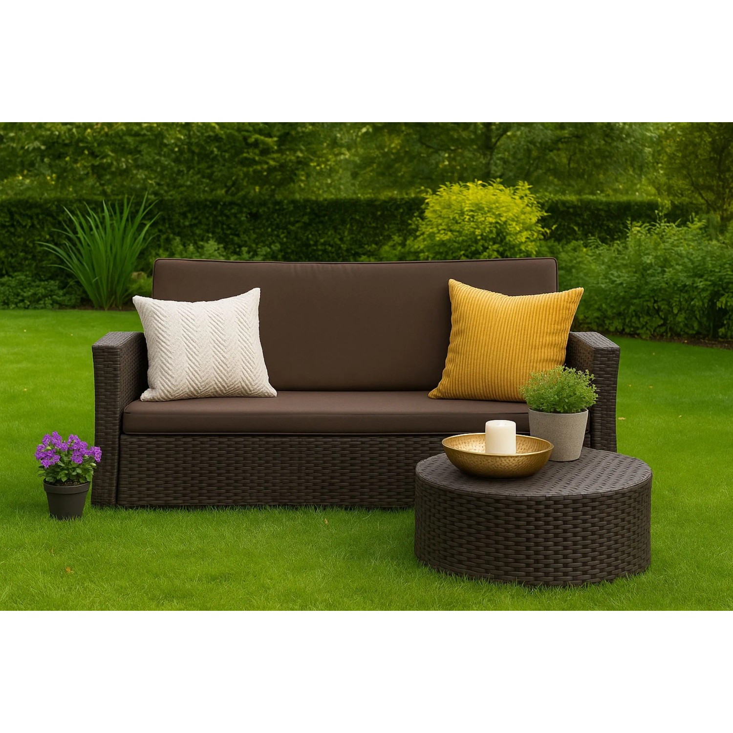 Braunes 3-Sitzer Gartensofa mit Kissen. Setgarden Techno Gartenkissen für Polyrattan Möbel.