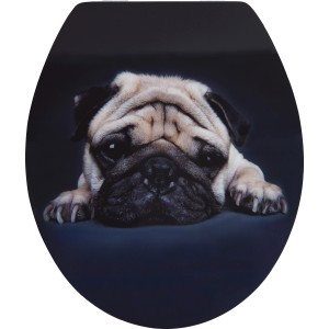 WC-Sitz Agrio mit Mops-Motiv. Toilettendeckel aus MDF-Holzkern mit hochglänzender Oberfläche.