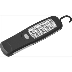 Schwarze 24 LED Arbeitsleuchte mit Haken und Magnet für flexible Nutzung.
