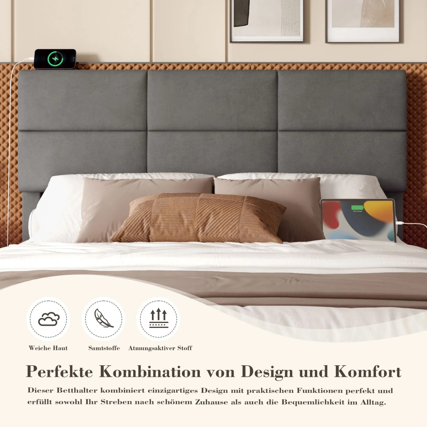 okwish Polsterbett 140x200cm mit LED USB C Hydraulik Stauraum Schlafzimmer Grau ohne Matratze_8