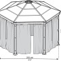 Skizze: Sechseckiger Pavillon mit Insektenschutz-Vorhängen in Anthrazit. Maße: 217 x 232 cm.