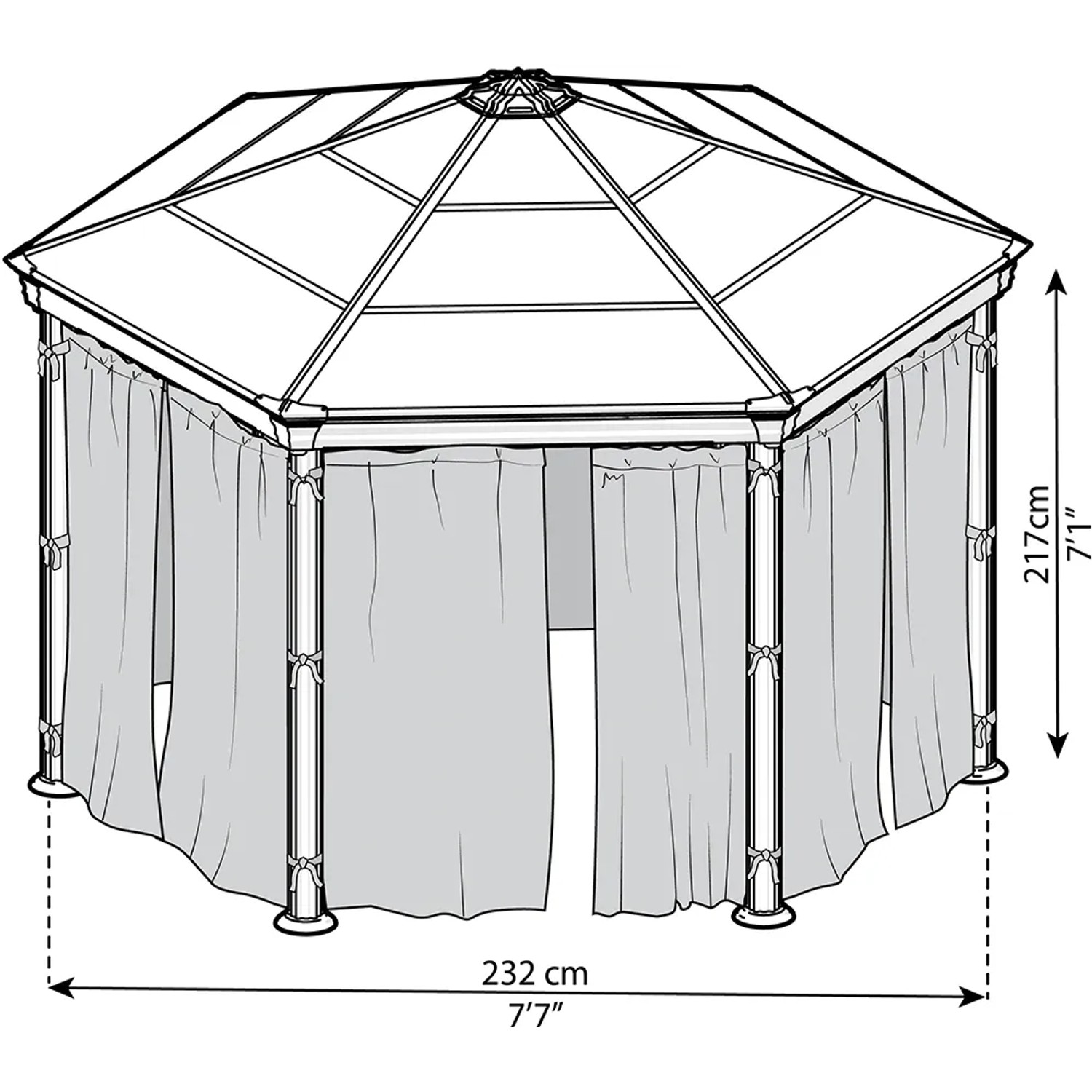 Skizze: Sechseckiger Pavillon mit Insektenschutz-Vorhängen in Anthrazit. Maße: 217 x 232 cm.