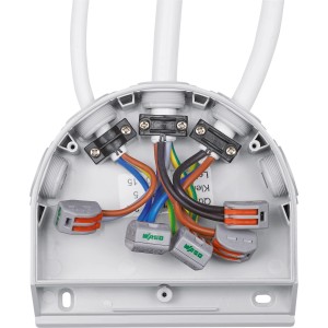Bachmann Küchenanschlussbox mit Kabeln und WAGO-Klemmen für Herdanschluss.