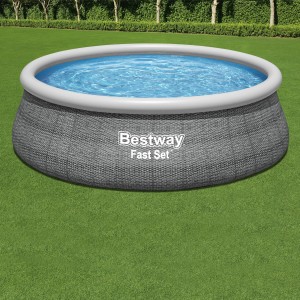 Bestway Fast Set Pool, Ø 457 cm, Schiefergrau. Quick-Up Pool mit Rattan-Optik für den Garten.