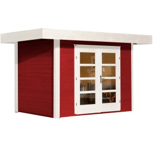 Rotes Weka Holz-Gartenhaus mit Flachdach und Doppeltür, lasiert.
