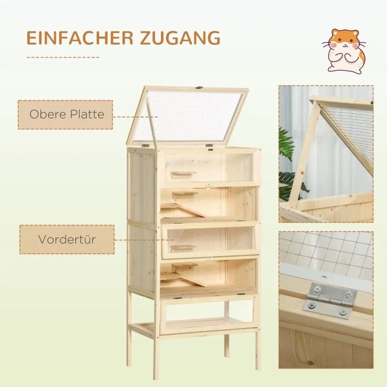 PawHut Holzkäfig für Nager, 5 Etagen, Gitterdach offen, mit Rampen und Glasfronten für einfachen Zugang.