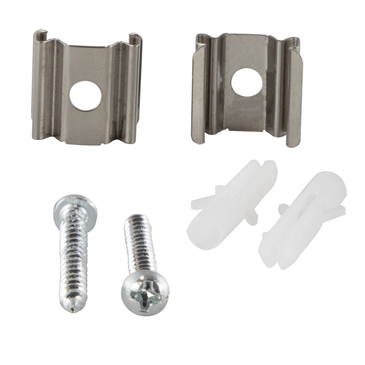 Befestigungsset für REV Ritter LED-Feuchtraumlichtleiste Slim Pro, bestehend aus Clips, Schrauben und Dübeln.