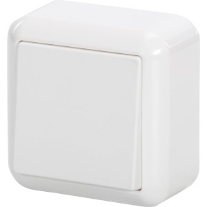 Merten Aufputz Aus-/Wechselschalter in Weiß, Detailansicht.