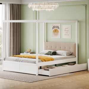 Weißes Merax Himmelbett 140x200cm aus Holz mit gepolstertem Kopfteil und zwei praktischen Schubladen.