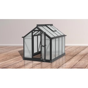Schwarzes Vitavia Minigewächshaus Merlin mit geöffneter Tür, Hohlkammerplatten und Dachfenster.