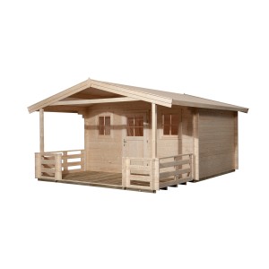 Unbehandeltes Weka Holz-Gartenhaus mit Satteldach und überdachter Veranda. Naturholzoptik.