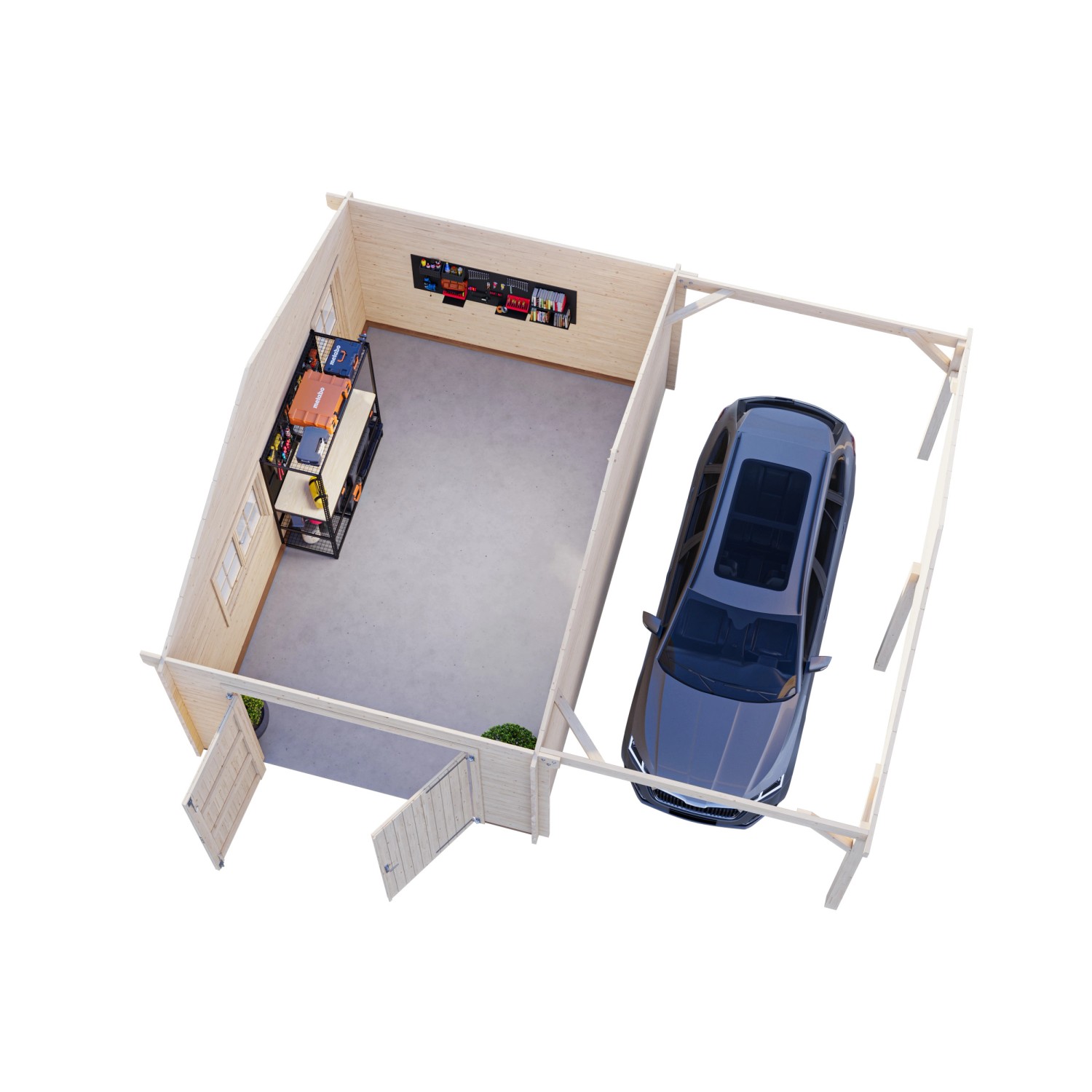 Palmako Garage Roger mit Holztor, naturbelassen, mit Auto und Werkbank, Vogelperspektive.