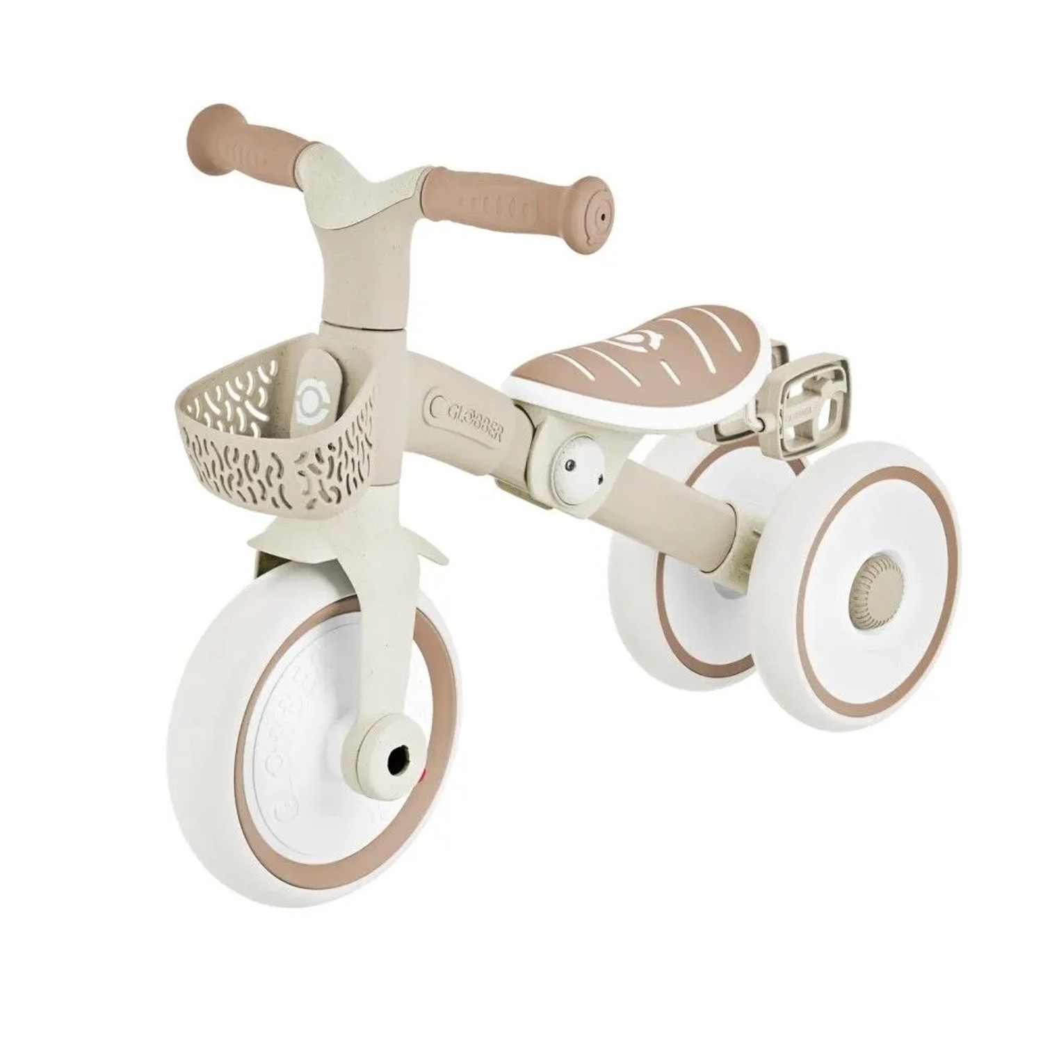 Globber Learning Trike 2in1, beiges Kinderdreirad mit Körbchen, höhenverstellbarem Sattel und Pedalen. Umbau zum Laufrad.