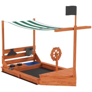 Outsunny Sandkasten Piratenschiff aus Holz mit grün-weißem Sonnendach, Steuerrad und Küchen-Spielset.