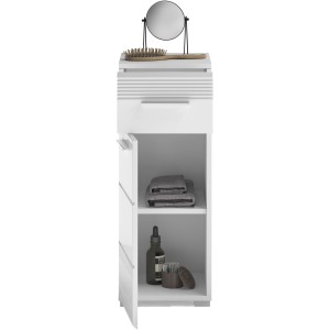 Weißer, eintüriger Standschrank Linus Hochglanz (30 cm) mit geöffneter Tür. Badkommode mit Regalböden.