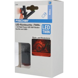 Verpackung des Fischer Akku-Rücklicht Twin mit Bodenbeleuchtung. Fahrrad-Rückleuchte mit USB-Anschluss.