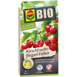 Compo Bio Kirschfruchtfliegen-Fallen, 3er-Pack. Leimfalle mit Kirschen und Blättern auf der Packung.