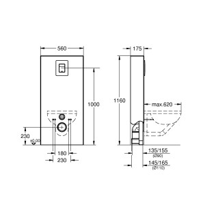 Technische Zeichnung Grohe QuickFix Solido Monobloc Sanitärmodul, Maße und Details für WC Trockenbauelement.