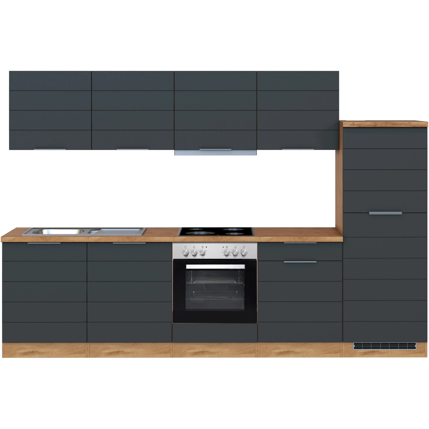 Moderne Küchenzeile in Grau-Wotaneiche Optik, 300 cm breit, mit E-Geräten.