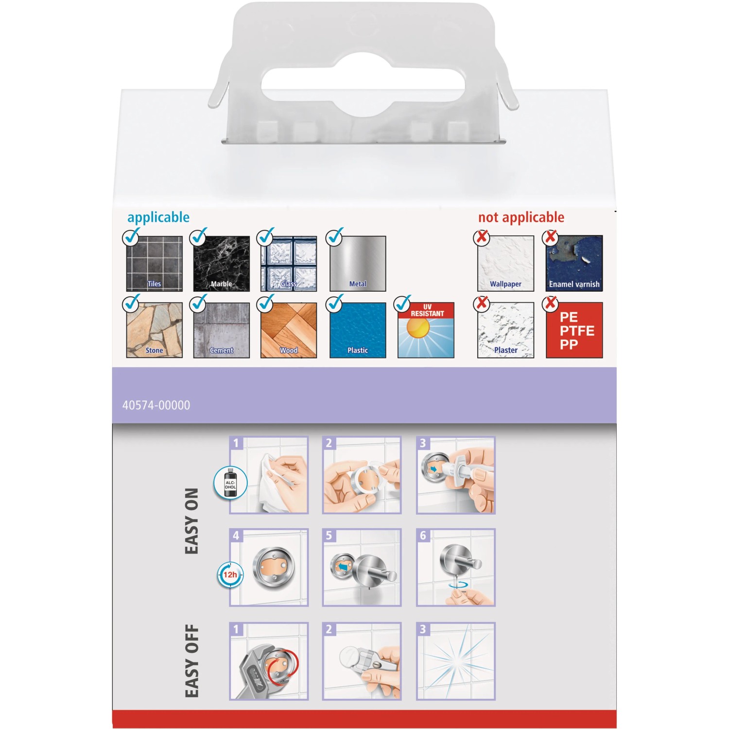 Verpackung des Tesa Moon White Bademantelhaken mit Montageanleitung.