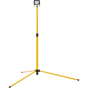 LED-Baustrahler mit gelbem Stativ, höhenverstellbar, für Innen- und Außenbereiche.