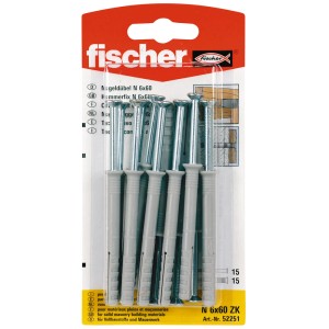 Fischer Nageldübel N 6 x 60/10 S, 15 Stück, vormontiert, für schnelle Schlagmontage.