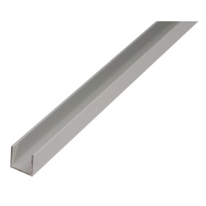 Silbernes U-Profil aus Aluminium, 8x10x1000 mm, für Konstruktionen und als Kantenschutz.