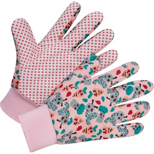 Kinder Arbeitshandschuhe 'Wurm' in Pink, Größe 5, mit Muster.