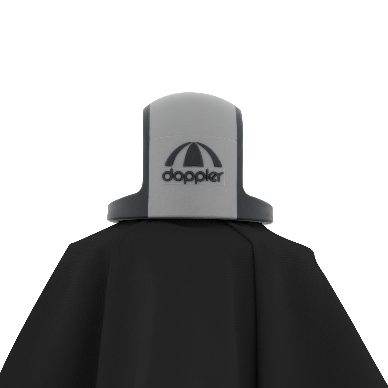 Detailaufnahme: Doppler Marktschirm Expert, 220x140 cm, Schwarz, Kurbelmechanik, Logo.