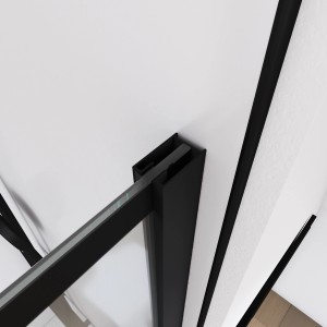Detailaufnahme der Aurlane Walk-In Duschwand Bricks mit schwarzem Rahmen und klarem Glas.