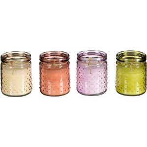 Mica Decorations Citronella Kerzen, farbsortiert in Braun, Grün, Lila und Hellbraun im Glas.