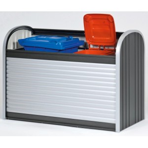 Biohort StoreMax 160 Gartenbox in Dunkelgrau-Metallic mit zwei Mülltonnen.