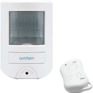 Weißer Mini-Alarm mit Bewegungsmelder und Fernbedienung für Alarmanlagen.