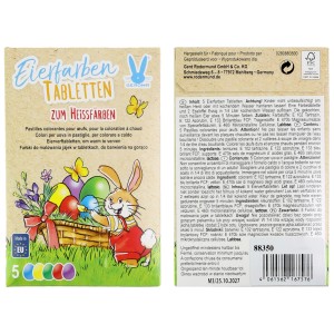 Eierfarben-Tabletten zum Heißfärben in 5 Farben, Packung mit Osterei-Motiv und kleinem Osterhasen.