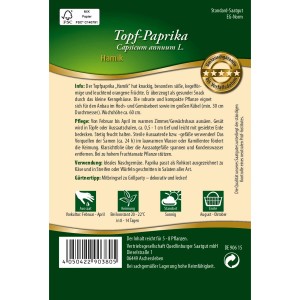 Quedlinburger Topf-Paprika Hamik Saatgut: Packung für orange Snackpaprika, ideal für Topf und Balkon.