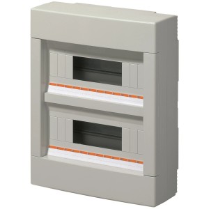 Grauer 2-reihiger Aufputz-Verteiler ohne Tür, IP40, aus Kunststoff.