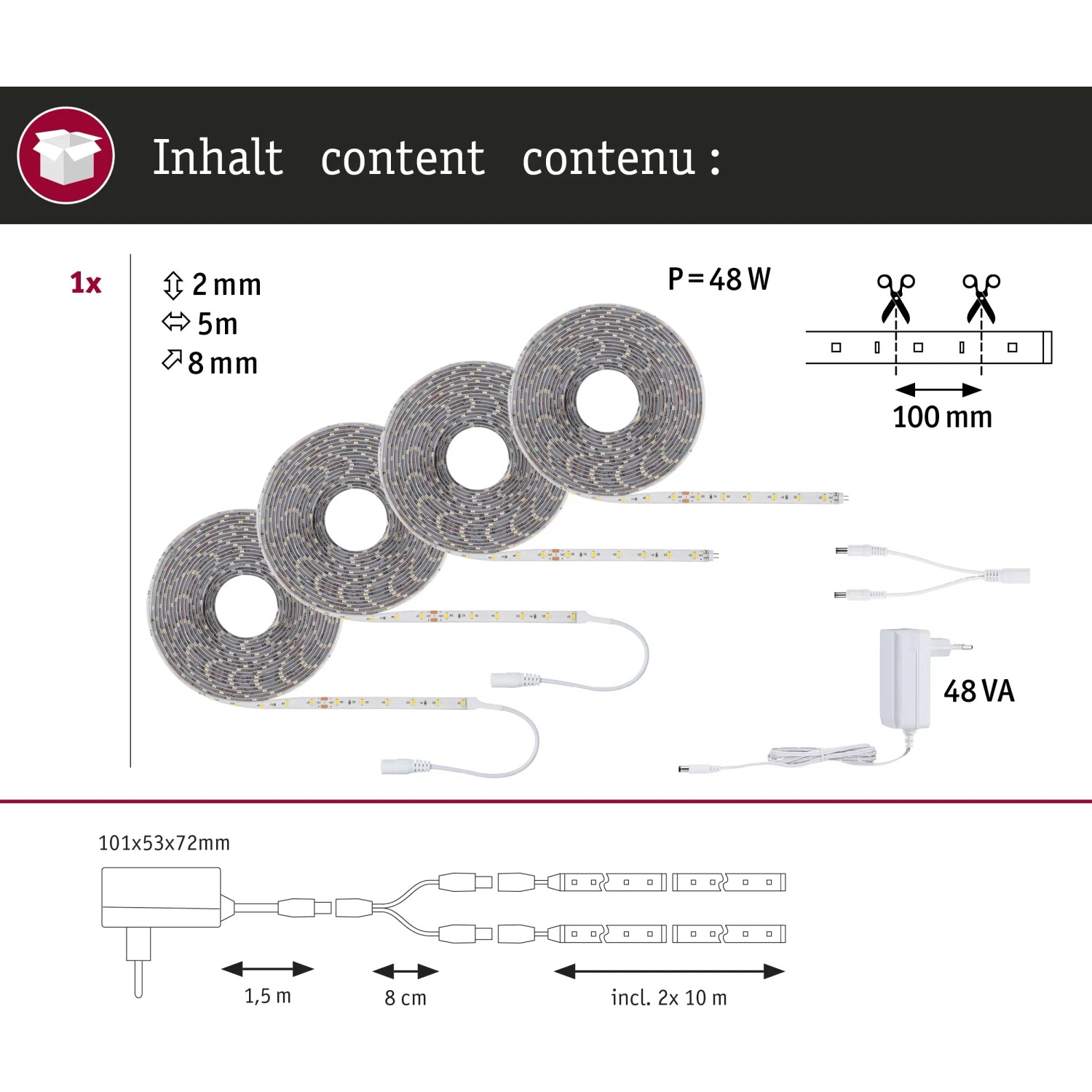 Paulmann SimpLED LED-Strip Komplettset 20m, warmweiß, mit Trafo und Zubehör.