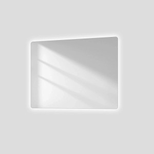 Emke Badspiegel 50x60 cm mit LED-Beleuchtung, rechteckig, abgerundete Ecken, Anti-Beschlag, an heller Wand.